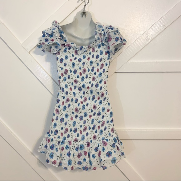 LoveShackFancy Kodie Floral Printed Smocked Off Shoulder Ruffle Mini Dress Sz M - Picture 7 of 8